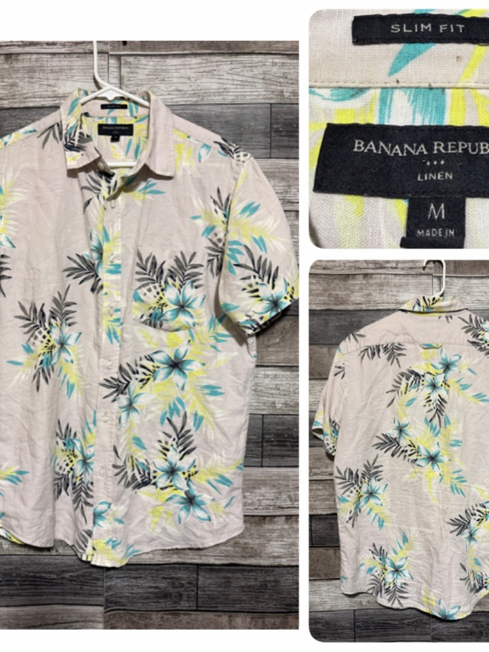Banana Republic Slim Fit Linen Cotton Floral Short Sleeve Button Up Shirt Men M